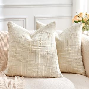 Throw Pillow Covers Neutral White Set of 2 18x18 Inch Pillow Covers, Soft Chenille Decorative Pillowcases for Couch Sofa Bed Living Room, Home Boho Decor, Modern Farmhouse Cushion Covers