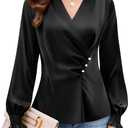 Blooming Jelly Womens Business Casual Blouses Dressy Work Tops Fall Fashion 2026 V Neck Pleated Long Sleeve Shirts (Black, L)