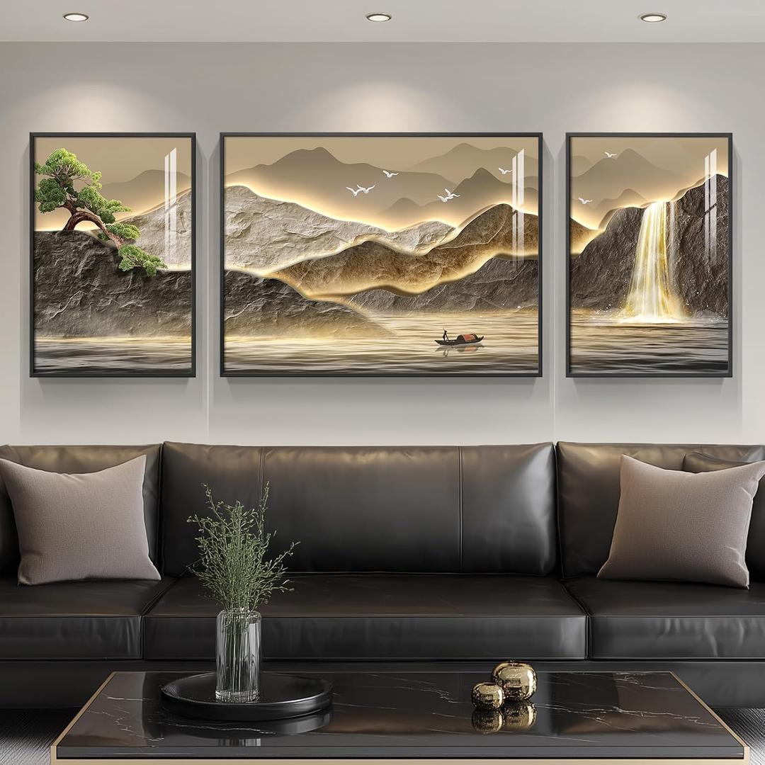 Framed Mountain Wall Art for Living Room, 3 Piece Brown Landscape Painting Prints, Modern Luxury Bright Style Pine Tree Waterfall Artwork for Dining Room,Hallway Office Wall Decor, 24" H x 64" W