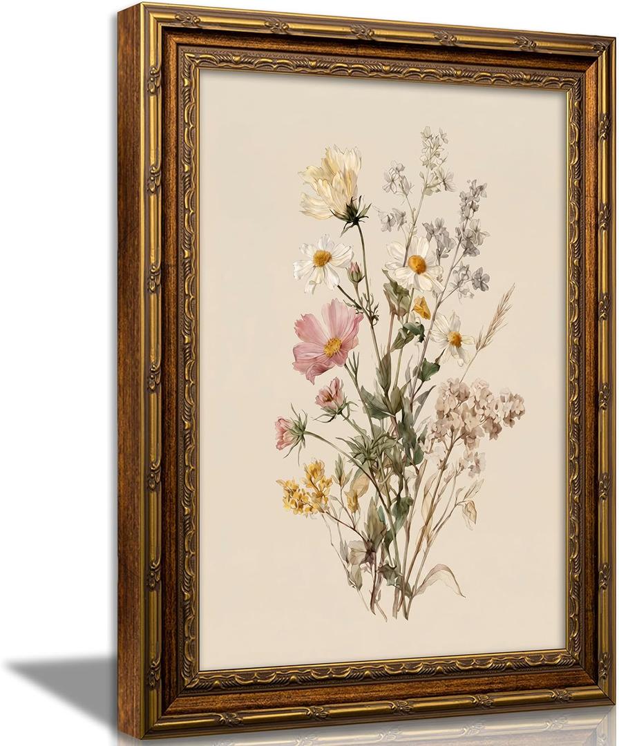 Vintage Gold Framed Botanical Wildflower Wall Art Rustic Botanical Canvas, 24"L x 16"W
