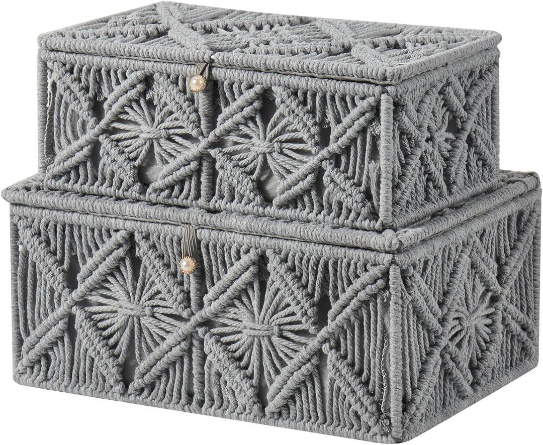 2PCS Decorative Boho Storage Baskets with Lid Bohemian Macrame Jewelry Box Handmade Natural Cotton Rope Woven Bins Memory Keepsake Photo Makeup Organizer Container (Gray, 1 Large 1 Small)