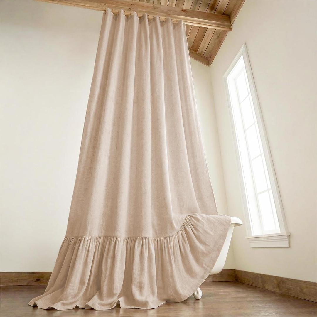 Extra Long Shower Curtains 84 Inch Farmhouse with Ruffle Hem Linen Beige Shower Curtains for Bathroom Country Vintage Rustic Natural Fabric, 72" W x 84" L