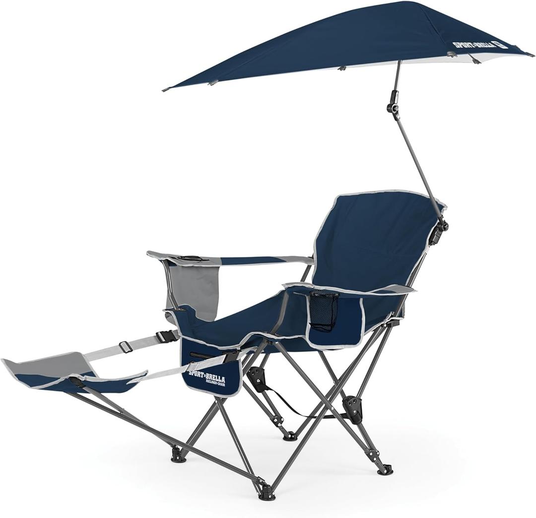 Sport-Brella Reclining Beach Chair (Midnight Blue) - 3-Position Adjustability, Detachable Footrest - 3-Way Swiveling UPF 50+ Umbrella - Insulated Drink Pocket, Cup Holder, Zippered Storage & Carry Bag