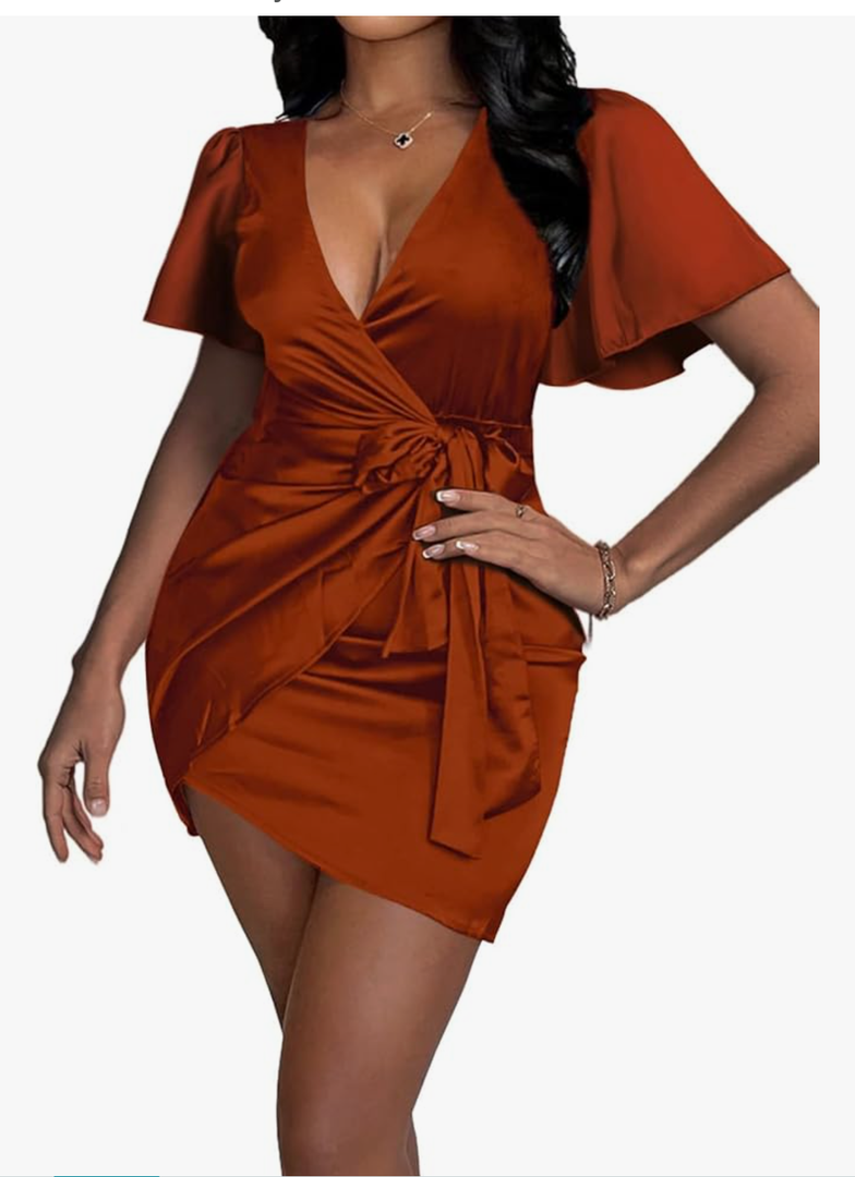 Vrtige Women's Satin Silky V Neck Tie Waist Wrap Hem Short Sleeve Bodycon Mini Dress XL