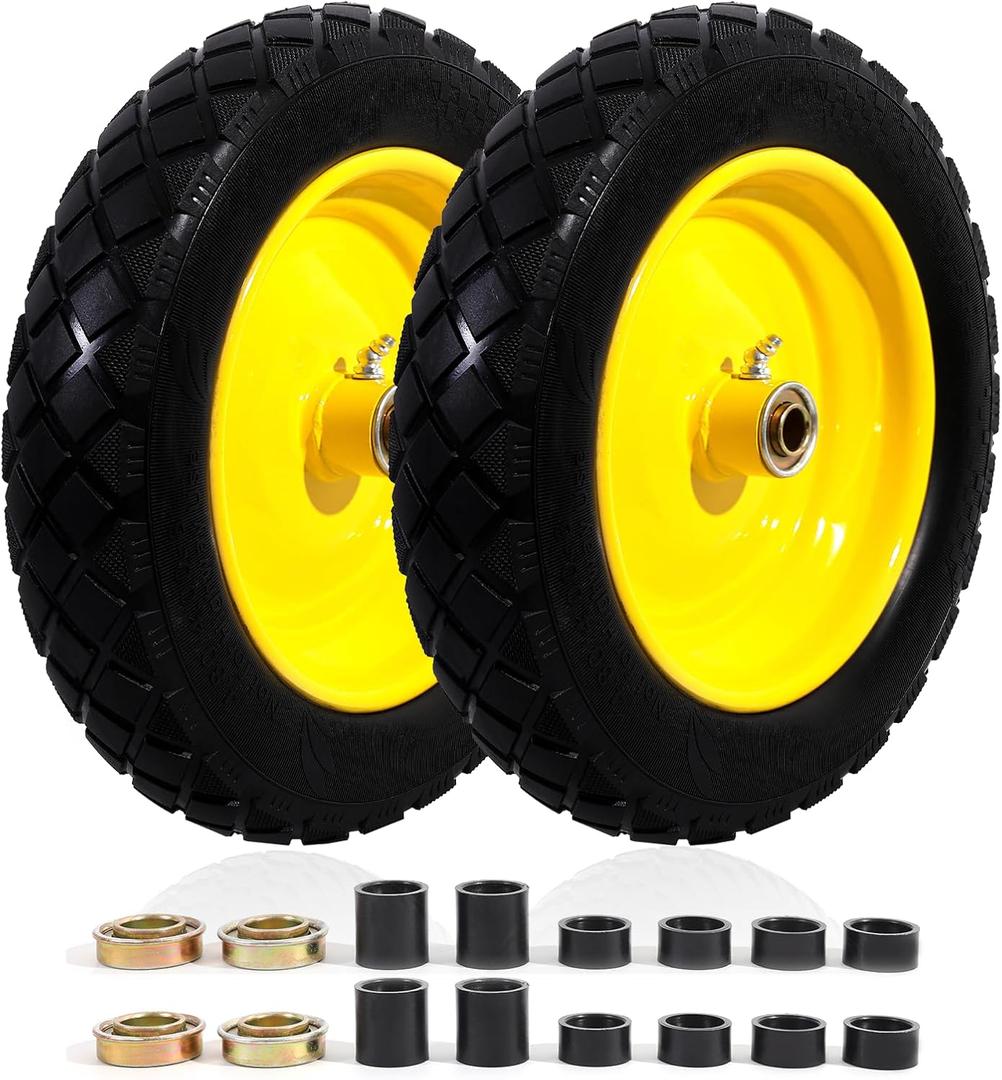 MZREXN 4.80/4.00-8" Flat Free Tire and Wheel 15" Solid Wheelbarrow Tires 3.00-4.00/4.80-8" with 5/8" & 3/4" Bearings, 3" Centered Hub for Hand Truck Garden Trailers Utility Cart Yard Wagon 2PCS Yellow