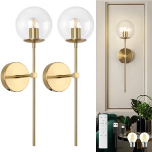 Battery Operated wall Sconce Set of 2 Glass Globe 3000~6000K Rechargeable Wall Light Fixture Wireless Wall Lights with Clear Glass Shade for Living Room, Hallway, Bedroom(2 Pack)