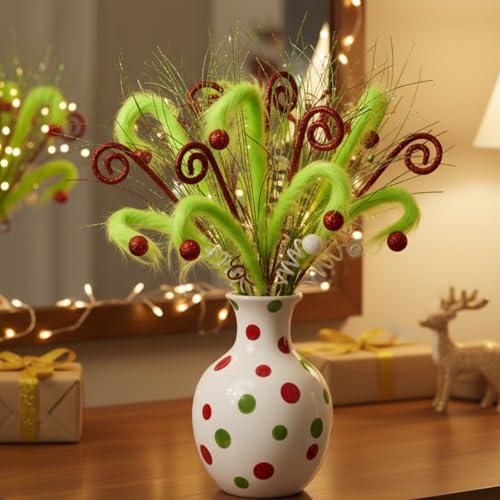 6 Pcs 20 Inch Whimsical Lime Green Furry Curly Christmas Tree Picks and Sprays Xmas Tree Topper Decoration with Red Artificial Glitter Berry Stems Woolen Spiral Curly Picks for Xmas Vase Filler Wreath