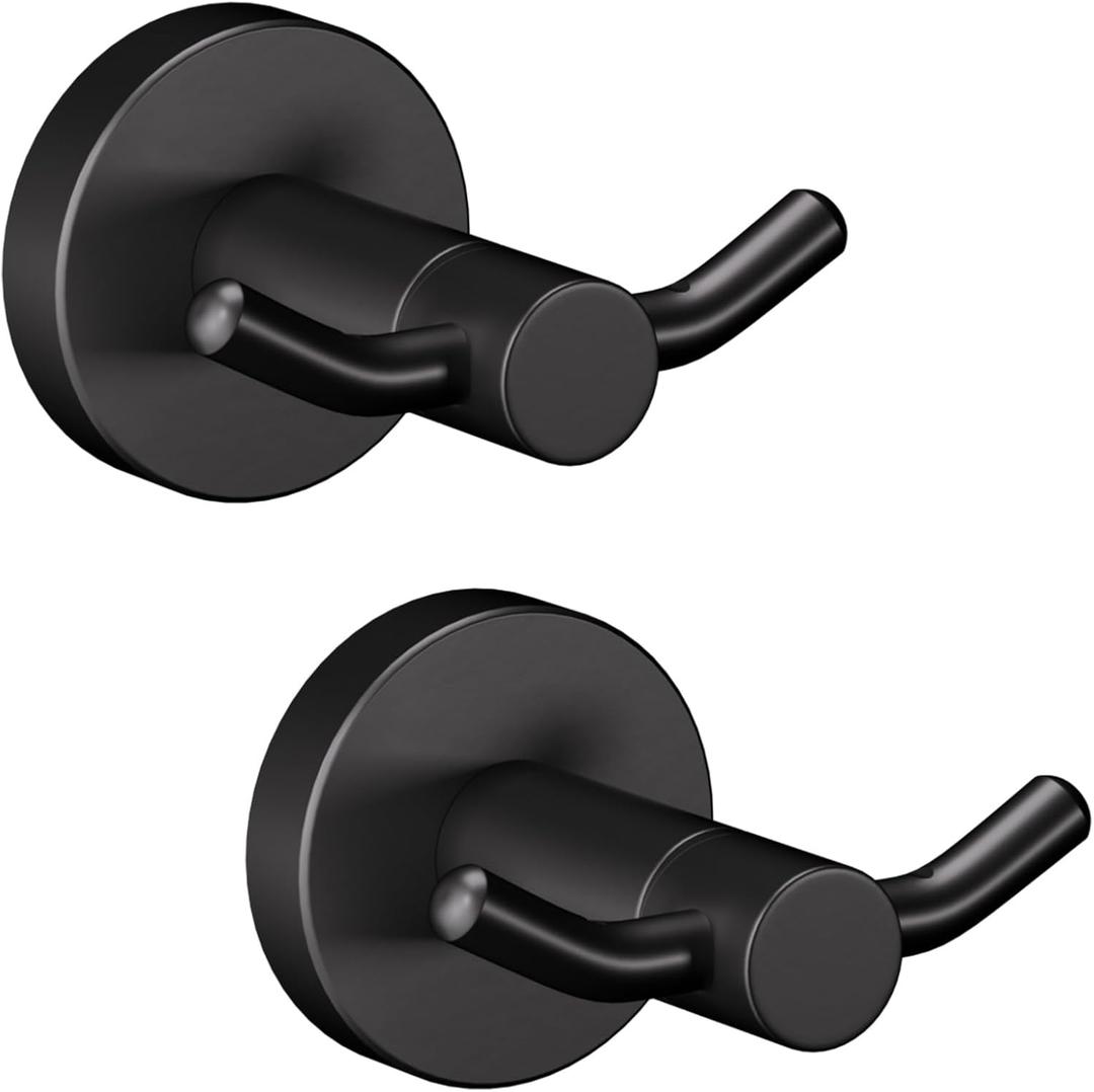 2 Pack Towel Hooks for Bathroom, Screw in Stainless Steel Wall Hooks for Hanging Coat Robe Keys (Matte Black)