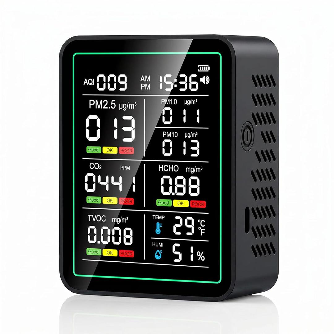 Air Quality Monitor Indoor, 10-in-1 Portable Smart Air Quality Tester for CO2 | TVOC | HCHO | AQI | PM2.5 | PM1.0 | PM10 | Temp | Humidity and Time for Home, Office, Cars, Hotel, School, Black