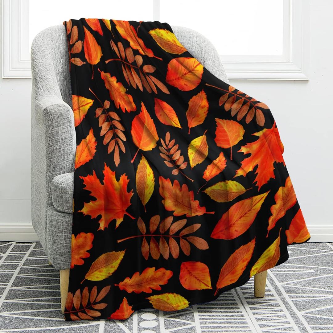 Jekeno Autumn Fall Maple Leaves Blanket Gifts for Women Kids Girls Thanksgiving Day Halloween Home Bedroom Living Room Decor Soft Cozy Lightweight Plush Throw Blankets Black 60"x80" (Leaf-543)
