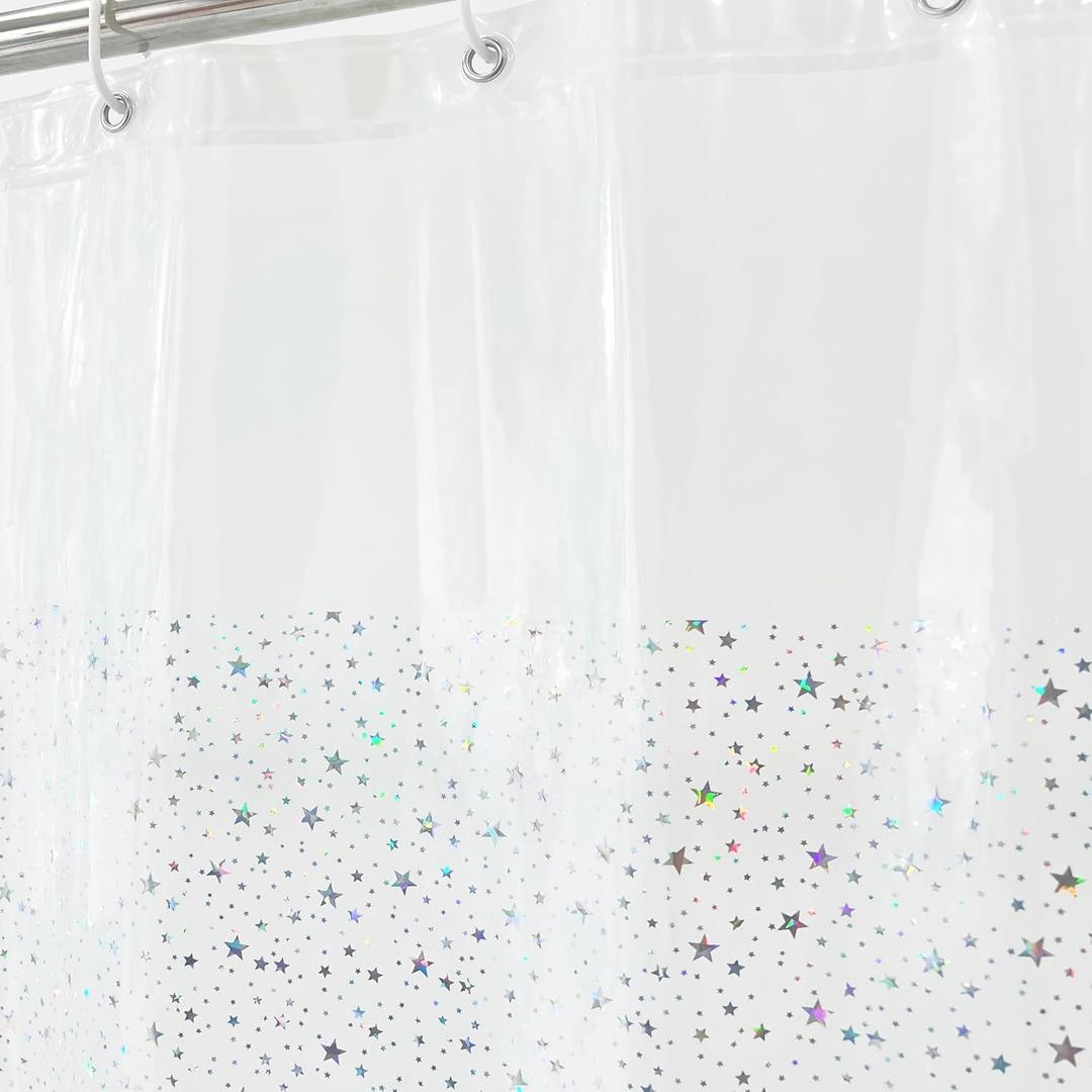 Riyidecor PEVA Thin Clear Shower Curtain LinerWeighted MagnetPlastic Holographic Glitter Star Premium Lighweight Water Repellent Rust Proof Grommet for Bathroom Waterproof 12 Pack Hooks 72Wx72H Inch (01magnet)