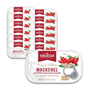 King Oscar Mackerel in Sweet Thai Chili Sauce, 4.05 Ounce Can (Pack of 12), Skinless & Boneless, Wild Caught Canned Mackerel Best By 12/04/2028