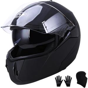 DOT Modular Motorcycle Full Face Helmet Flip-Up Dual Visor, Lightweight & DOT Approved, Matte Black (Large)