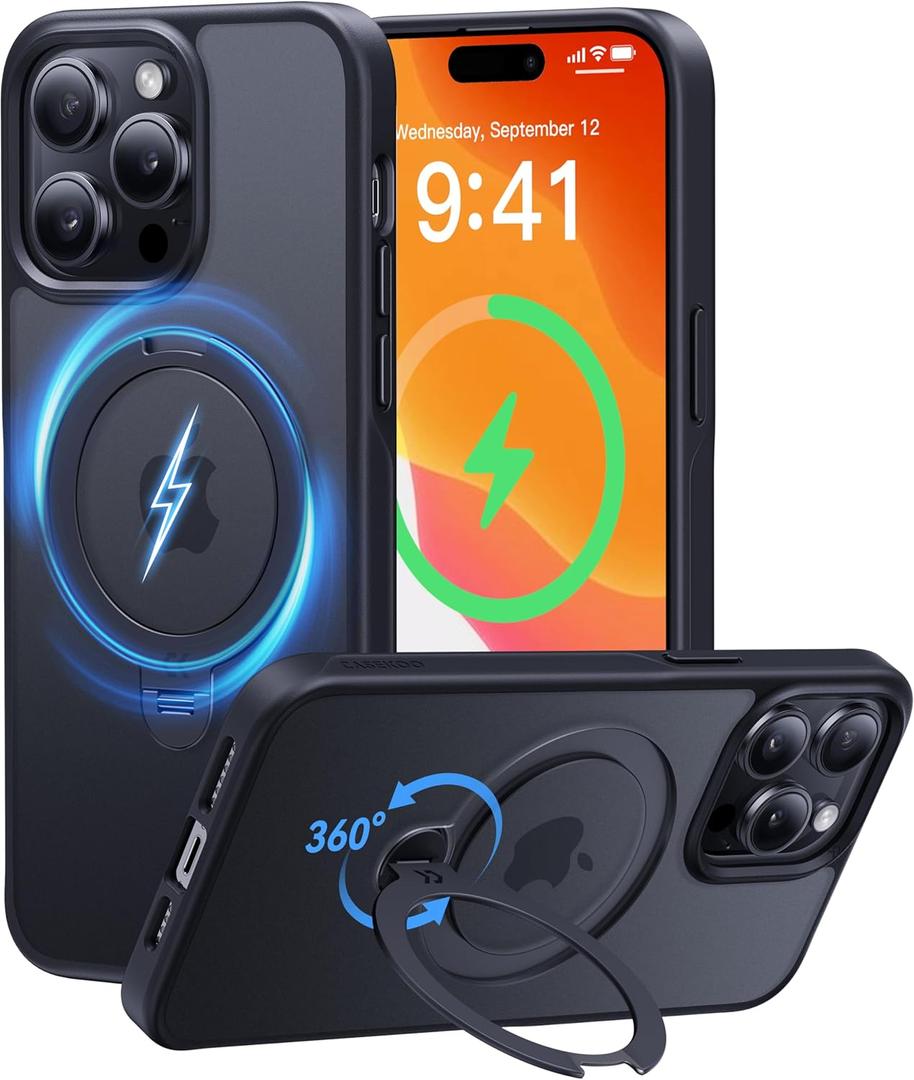 CASEKOO Patented 360 Spin Magnetic Stand for iPhone 14 Pro Max Case [Military Drop Protection] [Non-Slip Edge] [Compatible with MagSafe] Matte Shockproof Slim for iPhone 14 Pro Max Case 6.7'', Black (for iPhone 14 Pro Max, Black)