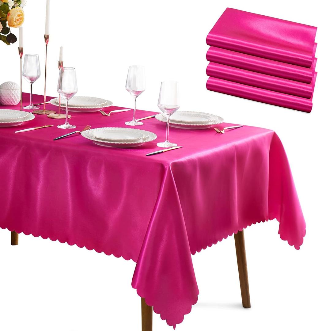 KKJIAF 4 Packs Hot Pink Satin Tablecloth 58" x 102" Rectangle Bright Silky Smooth Satin Table Cover for Wedding Party Banquet Decoration