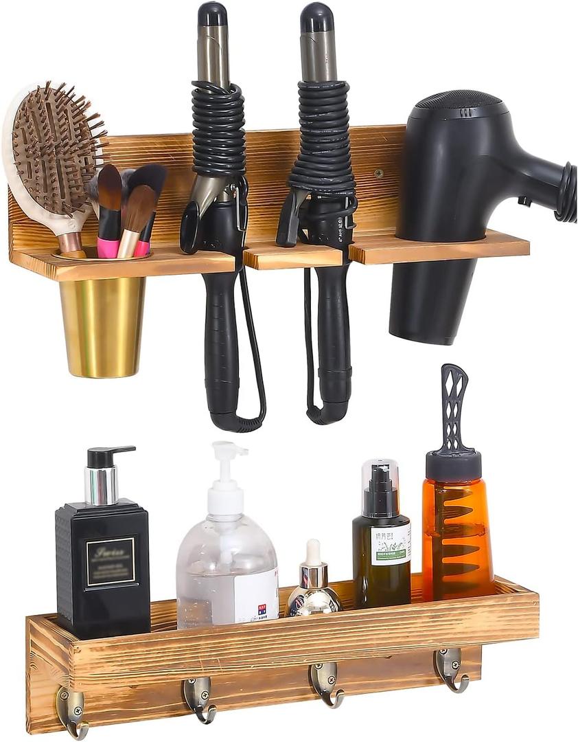 UPTRUST Wall Mount Hair Tool Organizer, Set of 2 Layer Rustic Wooden Dryer Holder Rack, Product Organizer Tray for Dryer with 4 Hooks