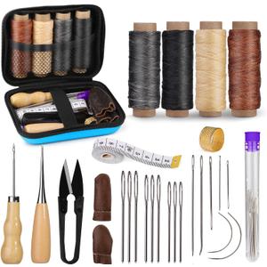 MORFEN Leather Sewing Kit, Leather Stitching Kit with Sewing Awl, Needles, Waxed Thread, Upholstery Repair Kit, Heavy Duty Sewing Tools for Hand Stitching Car Seats, Sofa, Carpets, Shoes, DIY Craft (Multicolor (Standard Kit))