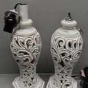 Set of 2 Rustic Table Lamps for Living Room Bedroom, Farmhouse Vintage Nightstand Lamp with 2 USB Ports, Hollow Out Resin Lamp for End Table with Nightlight, Bulbs Included (Wash White)