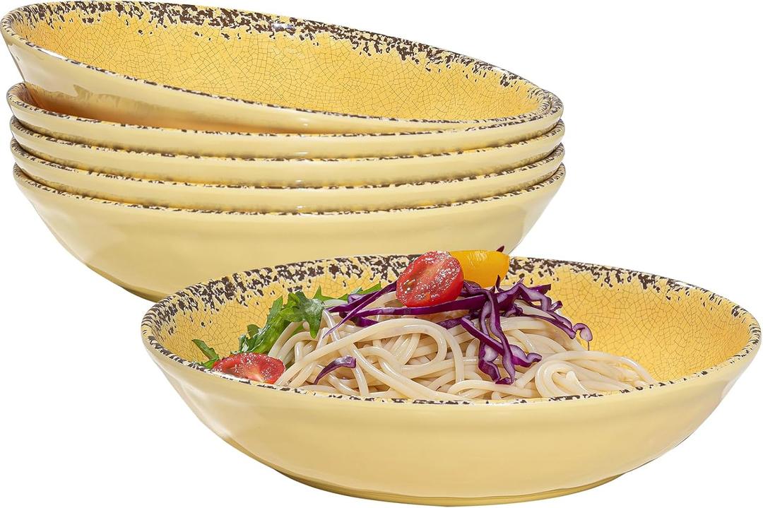 Farmhouse Melamine Pasta Bowls Set, 42 OZ Large Salad Bowls Set, 9.25 inch 6 Piece large Soup Bowls,Wide and Shadow Rustic Round Serving bowl, Set of 6 Dinner Bowl,Yellow