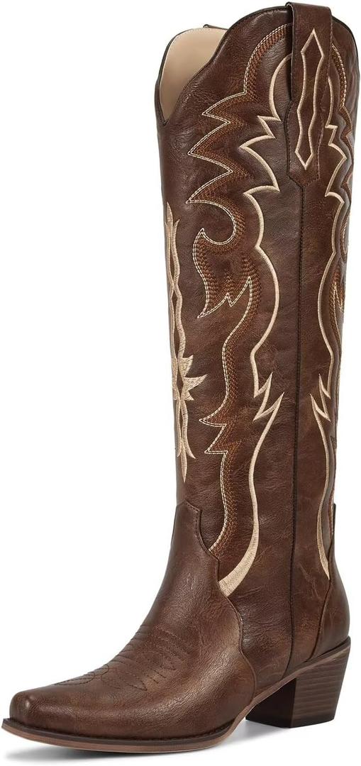 wetkiss Knee High Cowgirl Boots for Women, Reddish Brown, Size 8.5