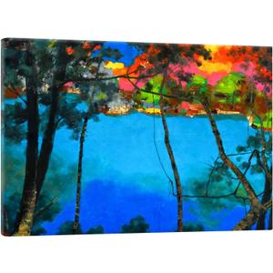 PHOENIX Modern Impressionisti Wall Art Decor Framed Canvas Dreamy Surreal Forest Lake Landscape Bold Saturated Blue Hues for Offices, Studio, Living/Game Room 12X16 Inch