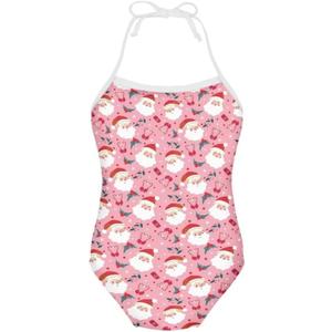 Girls Christmas Halter Modest One Piece Swimsuit Hawaiian Summer Beach Swimwear 3-10 Years (Cute Xmas Santa Claus Pink)