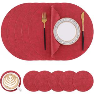 Homaxy Round Faux Leather Placemats and Coasters, Washable Dual-Side Table Mats, Wipeable Heat-Resistant Dining Place Mats for Outdoor and Indoor, Set of 6, Diameter 13 and 3.93 inch, Red