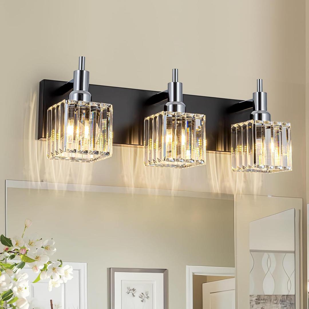 Chrome Bathroom Vanity Lights, Modern 3 Lights Crystal Bathroom Lighting Fixtures Over Mirror Black Chrome Wall Light with Square Shade