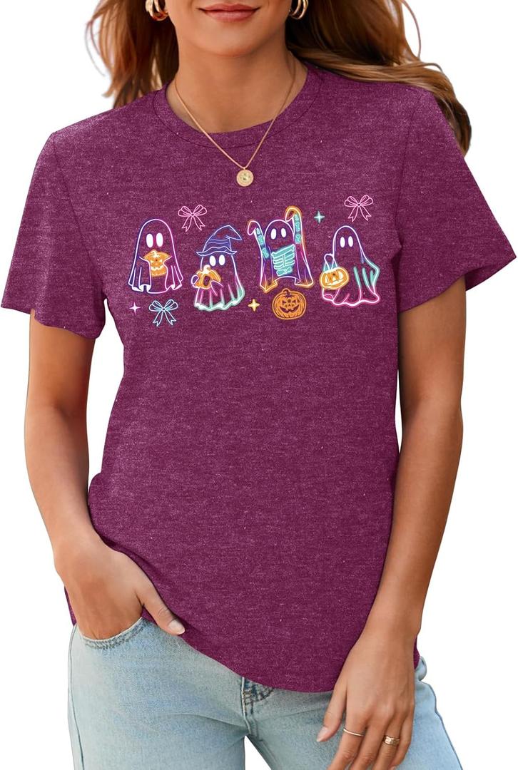 Halloween Spooky Season Cute Ghost T Shirt for Women Crewneck Fall Pumpkin Colorful Graphic Tee Tops (XL)