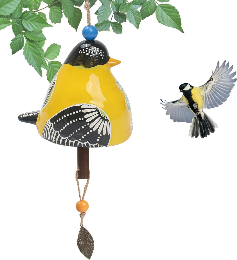 Bird Song Bell Wind Chime, Ceramic Cardinal Fashion Hanging Windchimes for Rustic Music Garden Backyard Church Decoration Porch Outside Outdoor Festival Memorial Gift Witness Friendship (Yellow)