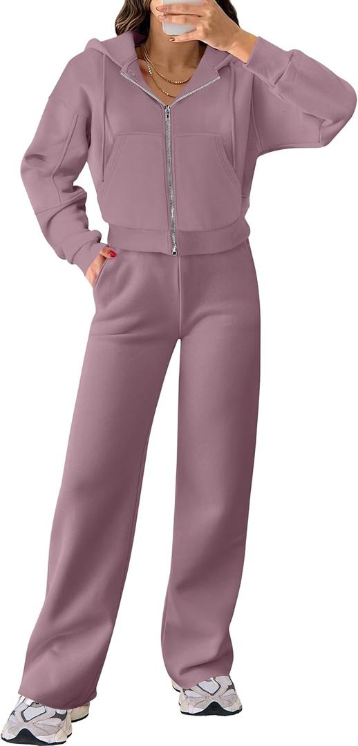 ANRABESS Women 2 Piece Outfits Sweatsuit Zip Up Crop Hoodies SweatPants Lounge Matching Sweat Set 2024 Winter Trendy Clothes (X-Large, Light Purple)