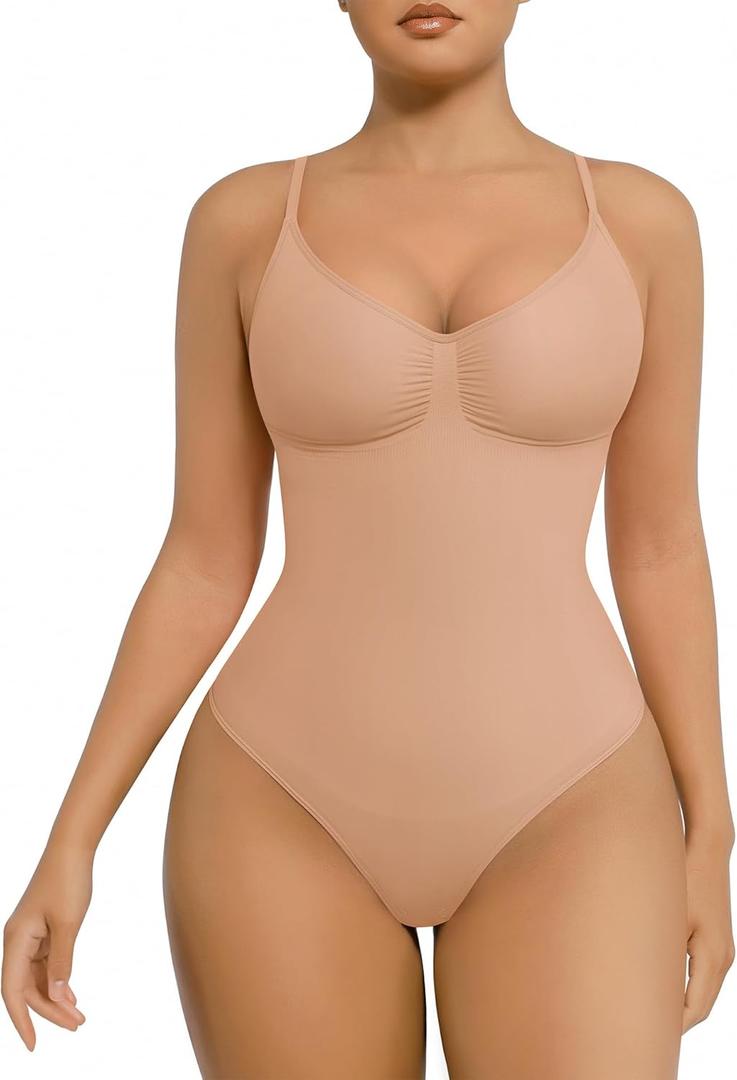 FeelinGirl Shapewear Bodysuit for Women Tummy Control Bodysuits Snatched Waist Body Suit Body Shaper Thong (X-Small-Small, Ash Khaki)