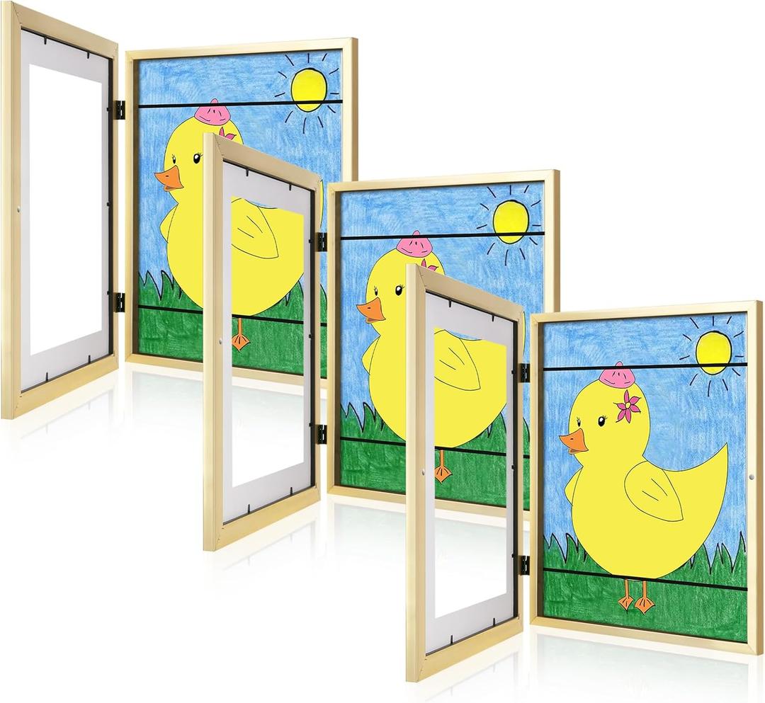 [3 Pack] Kids Art Frames, 10x12.5 Front Opening Kids Artwork Frames Changeable, Displays 8.5x11 With Mat and 10x12.5 Without Mat, Holds 50 Pcs, for 3D Picture, Crafts, Children Drawing, Hanging Art, Portfolio Storage (Gold)