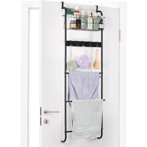 Over The Door Towel Rack 5 Tier Over The Door Towel Bar with Hooks Metal Towel Hanger for Bathroom Towel Holder Over Door with Basket for Bathroom Bedroom (Black)