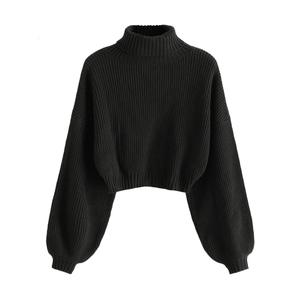 ZAFUL Women's Crew Neck Long Sleeve Pullover Crop Sweater Mock Neck Lantern Sleeve Ribbed Knit Cropped Sweater L