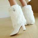 Women Fold Over Faux Fur Mid Calf Boots Chunky Heel Point Toe Shark Boot Fashion Pull On Short Booties with Padlock, US8.5