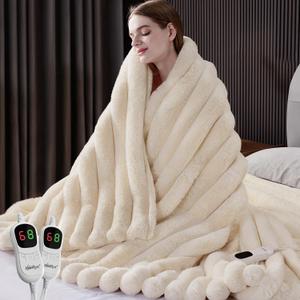 HaloRest Heated Blanket Queen Size, Faux Fur Cozy Heating Blanket with Overheat Protection, 1/ 2/ 4/ 6/ 8 Hours Auto-Off 10 Heat Level, Machine Washable (84x90 Inches, Cream White)