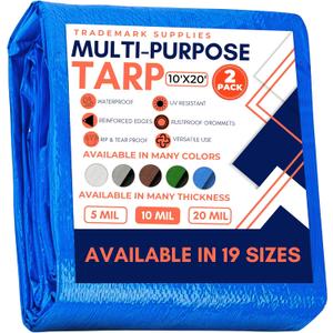 Large Waterproof Tarp - Heavy Duty 10 Mil Thick Poly Tarpaulin Ideal for Canopy Tents, Boats, RV or Pool Covers - Multipurpose Protective Tarps with Grommets for Indoor, Outdoor Use | 10' x 20' 2 Pack (Blue-medium Weight Protection)