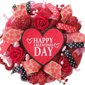 TEMPUS 18" inch red Valentine's Day Wreath Love Berry Wreath mesh Tube Yarn Ribbon Decoration Front Door Hanging Holiday Celebration Wall Decorations