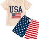 Tinypainter Toddler Boy 4th of July Outfit Short Sleeve T-shirt Top+American Flag Shorts Boy Independence Day Clothes(USA Beige, 7-8Y)