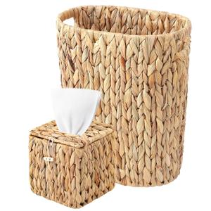 Water Hyacinth Trash Can 15L & Wicker Square Tissue Box, Handwoven Waterproof Waste Basket with Handles, Wicker Home Set for Bedroom, Bathroom, Kitchen, Office, Balcony (Khaki)