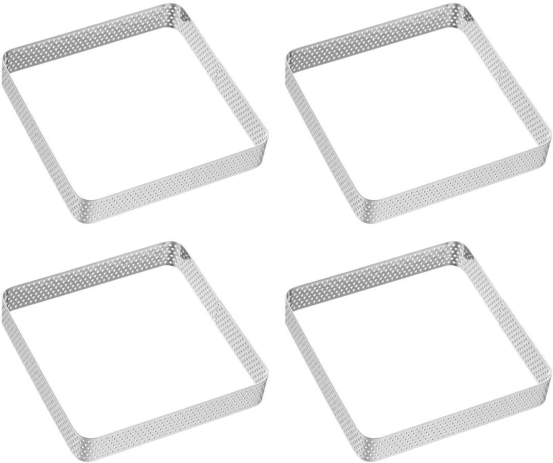 HARFINGTON 4pcs Perforated Cake Rings 3.94" Stainless Steel Square Tartlet Ring Nonstick Polishing Cake Mousse Ring Thickening Dessert Ring Tools for Baking Cake French Dessert Fruit