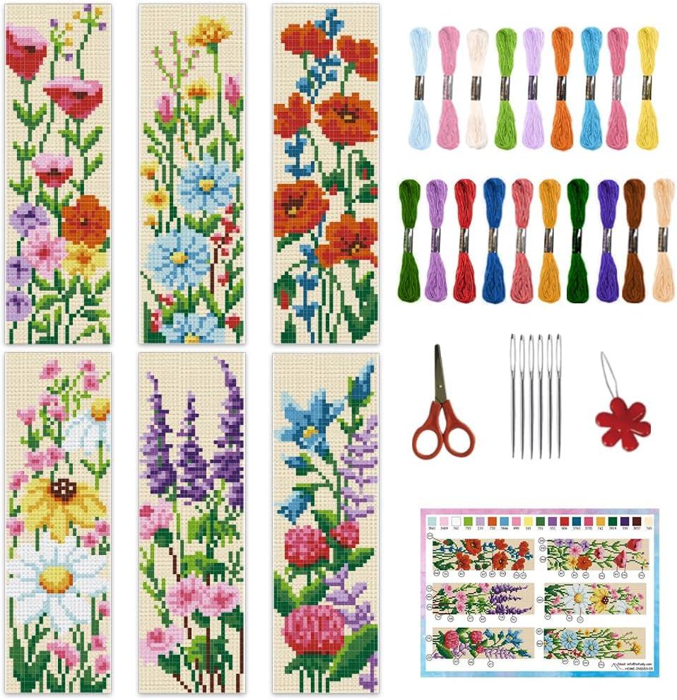 INFUNLY 6PCS DIY Flower Cross Stitch Bookmark Kit for Beginners 8.66"3.15" Stamped Embroidery Bookmark Kit Hand Plant Bookmark Cross Stitch Kits with Instruction for Book Lovers Reader Writers