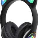 TCJJ Bluetooth 6.0 Cat Ear Kids Headphones for Girls, LED Light Up, 85dB Safe Volume Limit, Stereo Sound Toddler Foldable Wireless & 3.5mm Wired Headset with Mic for School, Tablet, Travel (Black)