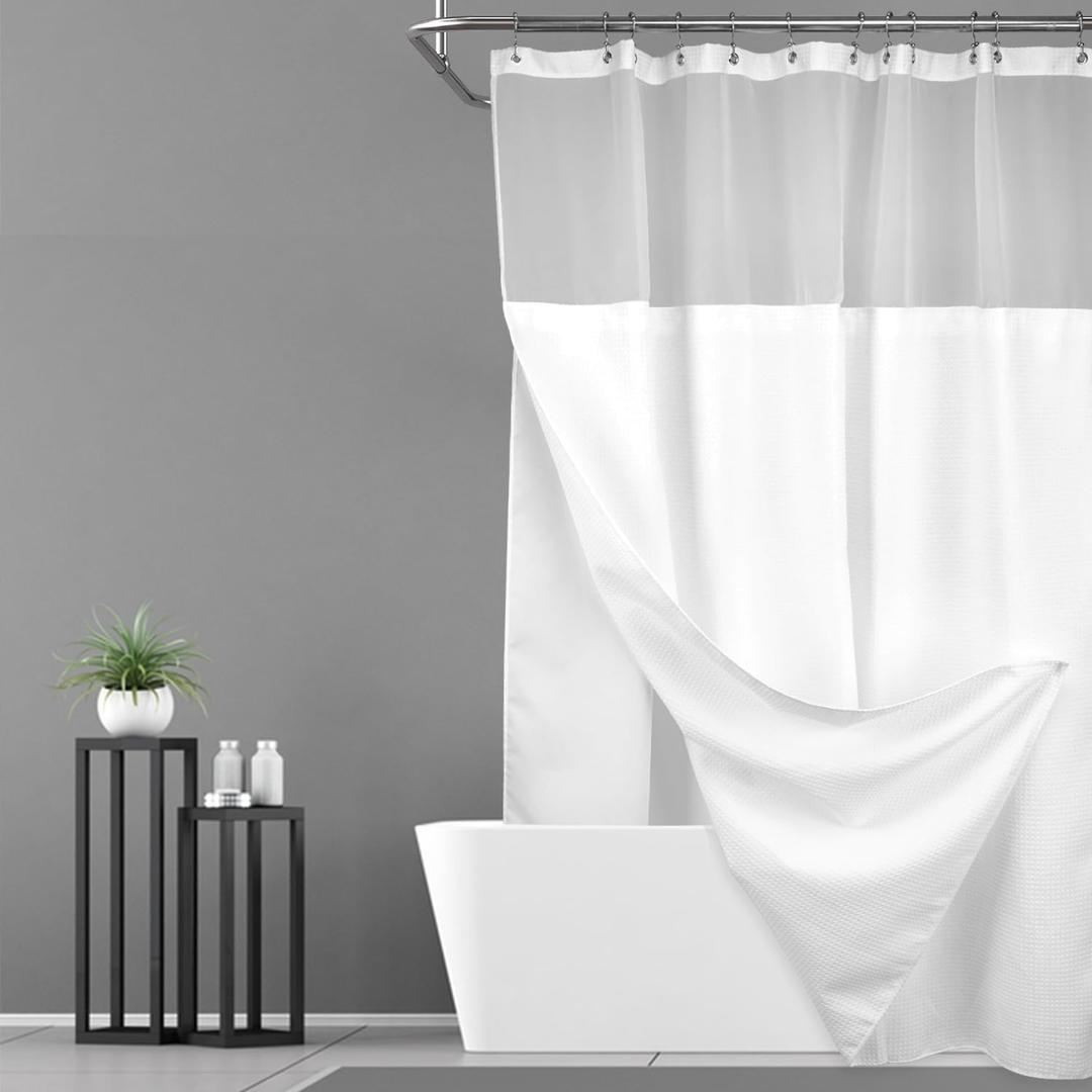 N&Y HOME 60 Inch Waffle Weave Shower Curtain with Snap-in Fabric Liner & 12 Metal Hooks Set - 60" x 72" Shower Stall Size, Hotel Style & Mesh Top Window, Machine Washable - White, 60x72
