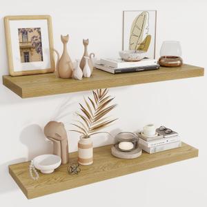 Fun Memories 12 Deep Floating Shelves, 40W x 12D Floating Shelves for Wall Set of 2, Extra Deeper Hanging Wood Shelves for Wall for Living Room Kitchen Laundry Room Kitchen Home Office - Oak