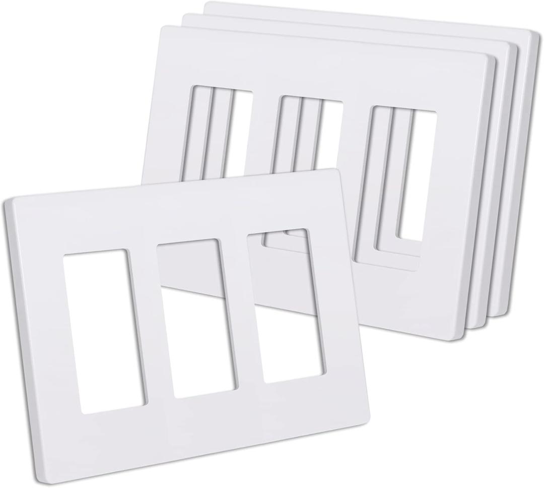 CML Matte White 3-Gang Decorator Screwless Wall Plates, 4 Pack Light Switch Covers, Standard Size 4.68 X 6.54, Scratch and Impact Resistant, Hidden Screws, Polycarbonate
