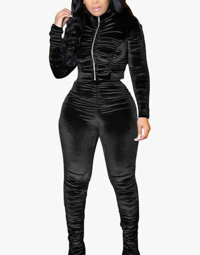 KANSOON Track Suits for Women Set 2 Piece Sweatsuits Outfits Velour Ruched Long Sleeve Zip Up Jacket and Pants Sets M Black