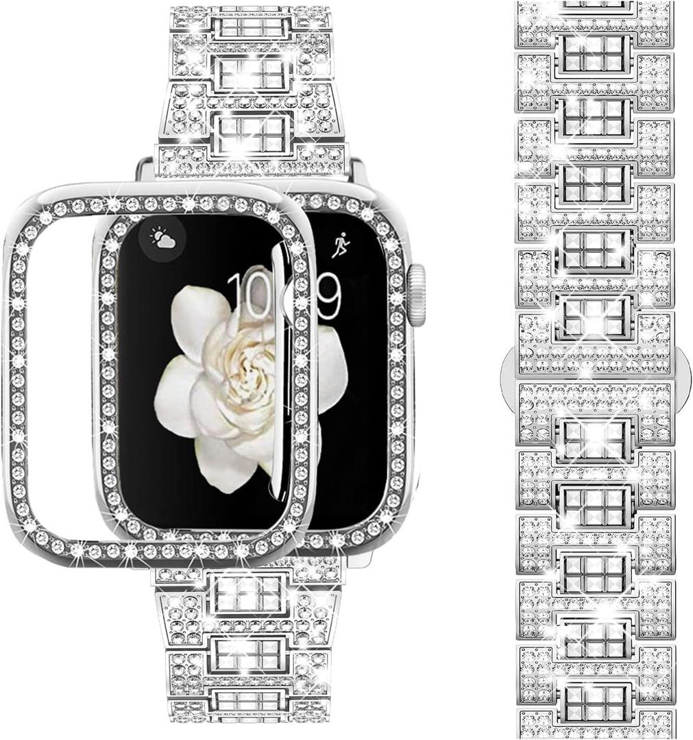 Supoix Compatible with Apple Watch Band 38/40/41/42/44/45/46/49mm+ Case, Women Jewelry Bling Diamond Rhinestone Replacement Metal Bands & 2 Pack PC Protector Case for iWatch Ultra 3/2/1 Series 11/10/9/8/7/6/5/4/3/2/1/SE