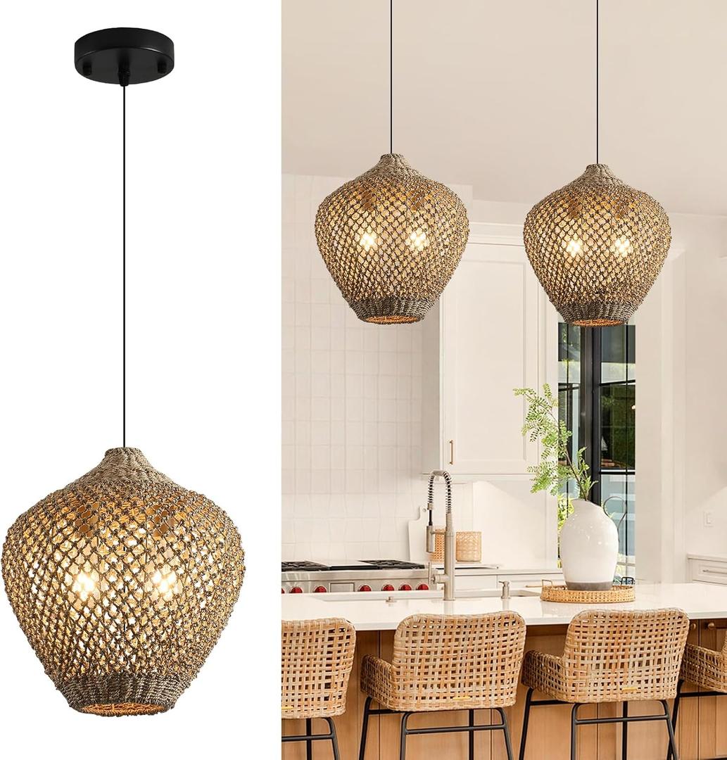 17.7" Rattan Pendant Light,Woven Seagrass Chandelier | Brown Rattan Pendant Light,Boho Hand Woven Wicker Hanging Light Natural Grass Rattan Chandelier,Seagrass Pendant Lamp